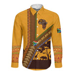South Africa Flag Long Sleeve Button Shirt Tribal Africa Heritage - Wildlife Silhouettes in Earthy