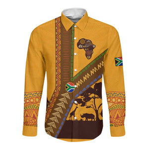 South Africa Flag Long Sleeve Button Shirt Tribal Africa Heritage - Wildlife Silhouettes in Earthy