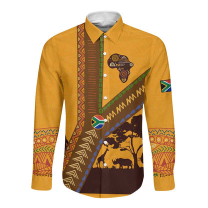 South Africa Flag Long Sleeve Button Shirt Tribal Africa Heritage - Wildlife Silhouettes in Earthy