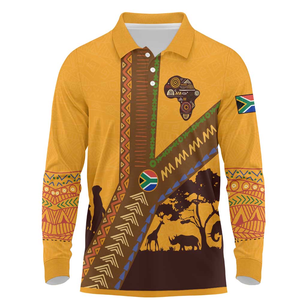 South Africa Flag Long Sleeve Polo Shirt Tribal Africa Heritage - Wildlife Silhouettes in Earthy