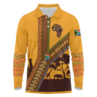 South Africa Flag Long Sleeve Polo Shirt Tribal Africa Heritage - Wildlife Silhouettes in Earthy