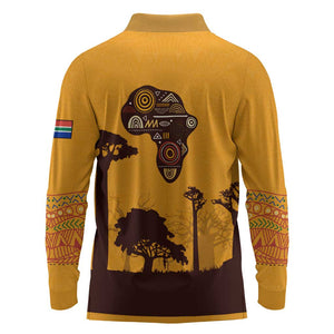 South Africa Flag Long Sleeve Polo Shirt Tribal Africa Heritage - Wildlife Silhouettes in Earthy