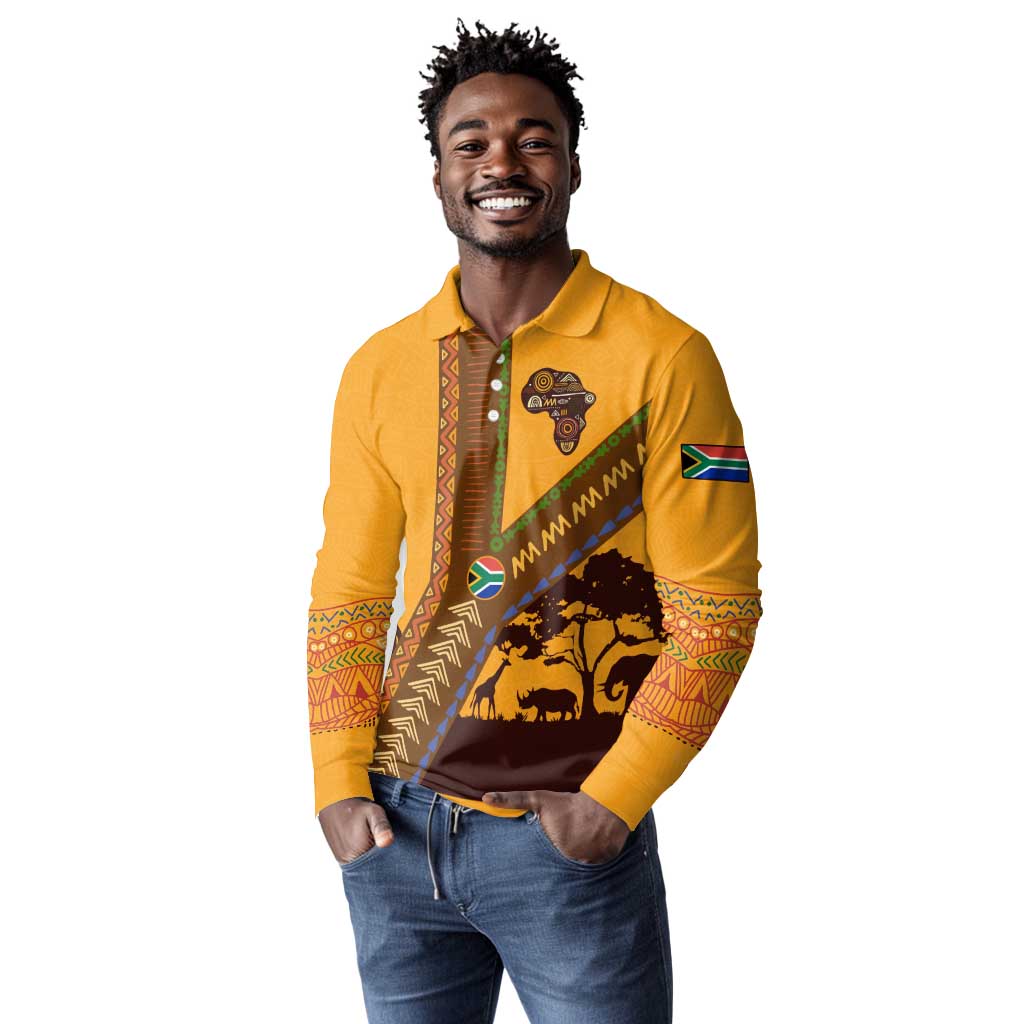 South Africa Flag Long Sleeve Polo Shirt Tribal Africa Heritage - Wildlife Silhouettes in Earthy