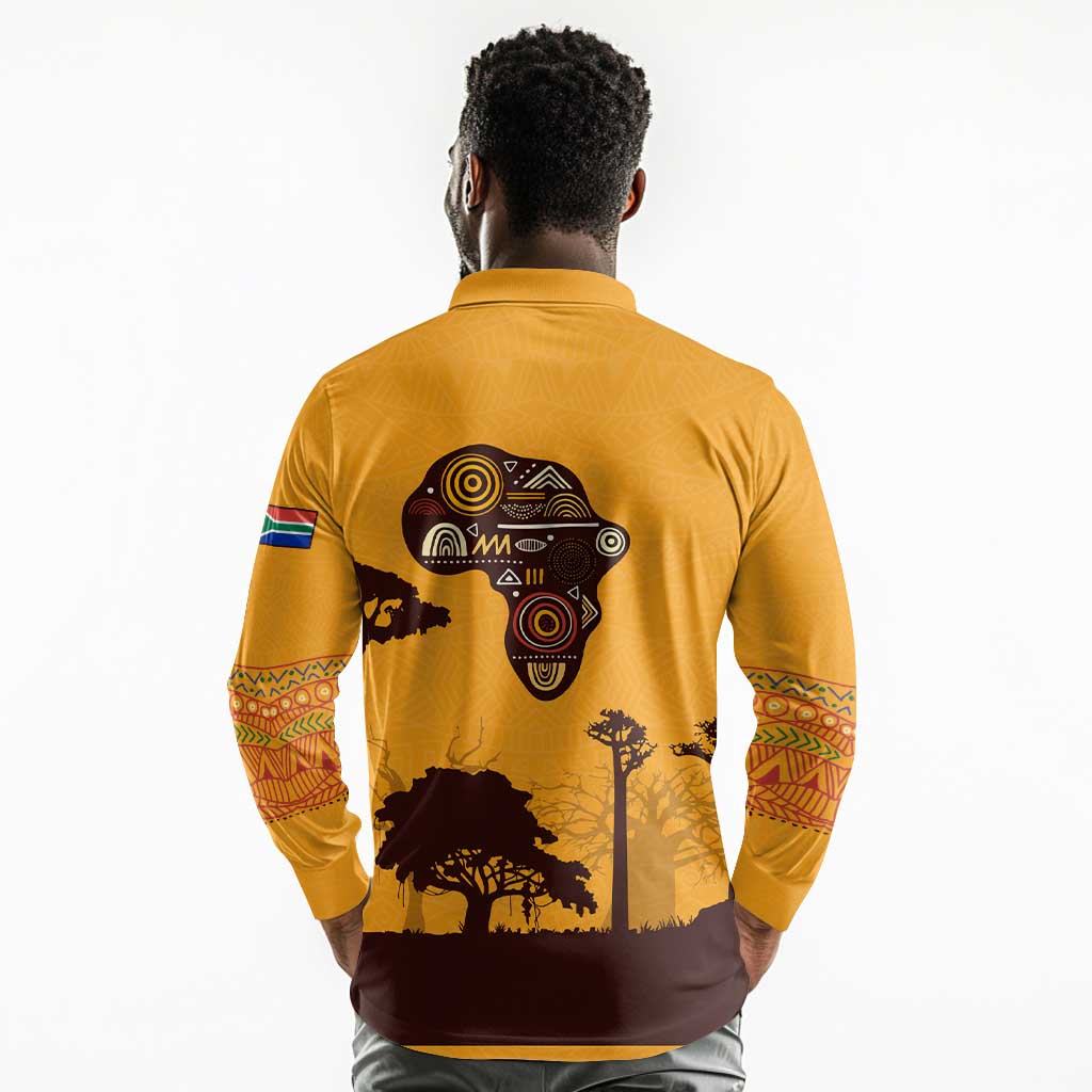 South Africa Flag Long Sleeve Polo Shirt Tribal Africa Heritage - Wildlife Silhouettes in Earthy