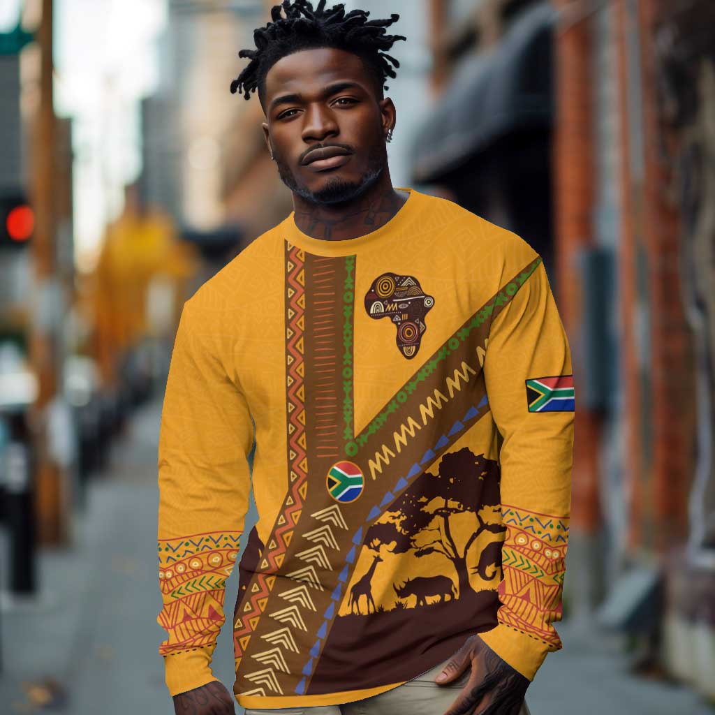 South Africa Flag Long Sleeve Shirt Tribal Africa Heritage - Wildlife Silhouettes in Earthy