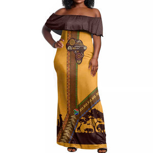 South Africa Flag Off Shoulder Maxi Dress Tribal Africa Heritage - Wildlife Silhouettes in Earthy