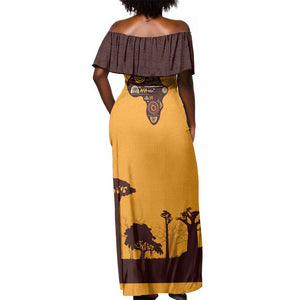 South Africa Flag Off Shoulder Maxi Dress Tribal Africa Heritage - Wildlife Silhouettes in Earthy