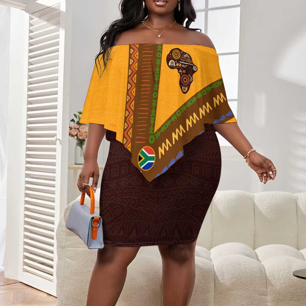 South Africa Flag Off Shoulder Short Dress Tribal Africa Heritage - Wildlife Silhouettes in Earthy