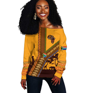 South Africa Flag Off Shoulder Sweater Tribal Africa Heritage - Wildlife Silhouettes in Earthy