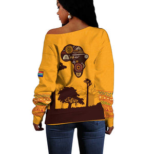 South Africa Flag Off Shoulder Sweater Tribal Africa Heritage - Wildlife Silhouettes in Earthy