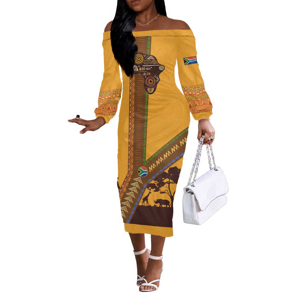 South Africa Flag Off The Shoulder Long Sleeve Dress Tribal Africa Heritage - Wildlife Silhouettes in Earthy