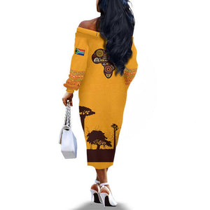 South Africa Flag Off The Shoulder Long Sleeve Dress Tribal Africa Heritage - Wildlife Silhouettes in Earthy