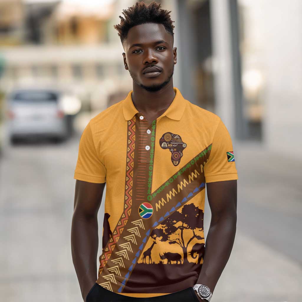South Africa Flag Polo Shirt Tribal Africa Heritage - Wildlife Silhouettes in Earthy