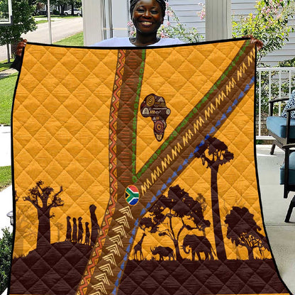 South Africa Flag Quilt Tribal Africa Heritage - Wildlife Silhouettes in Earthy