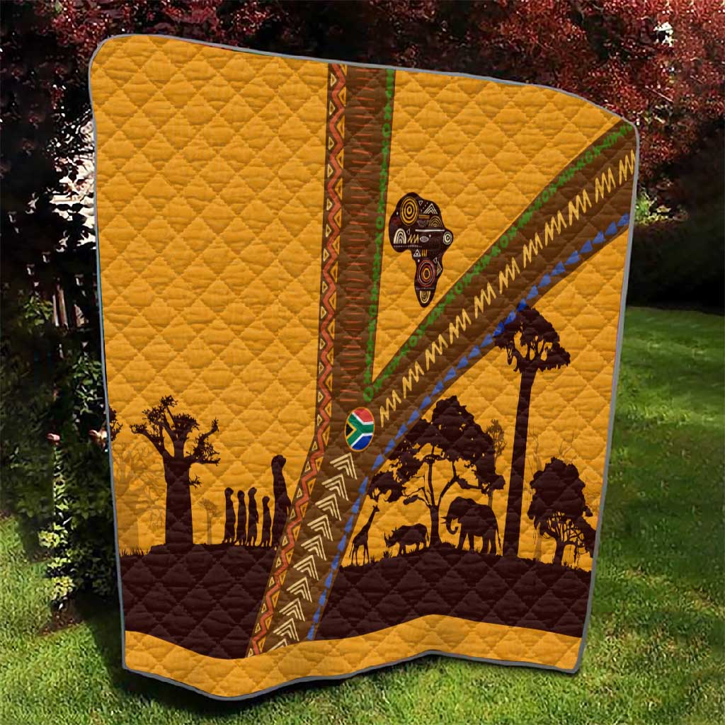 South Africa Flag Quilt Tribal Africa Heritage - Wildlife Silhouettes in Earthy