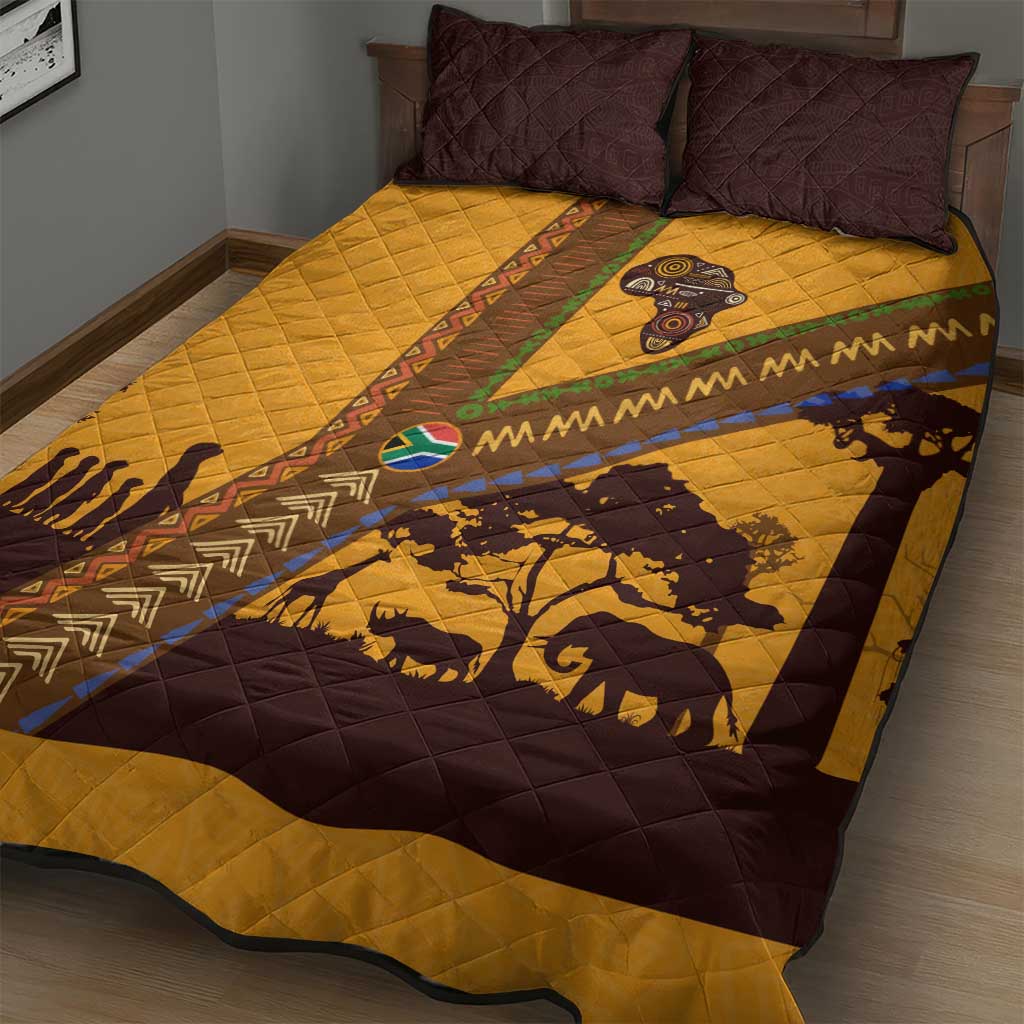 South Africa Flag Quilt Bed Set Tribal Africa Heritage - Wildlife Silhouettes in Earthy