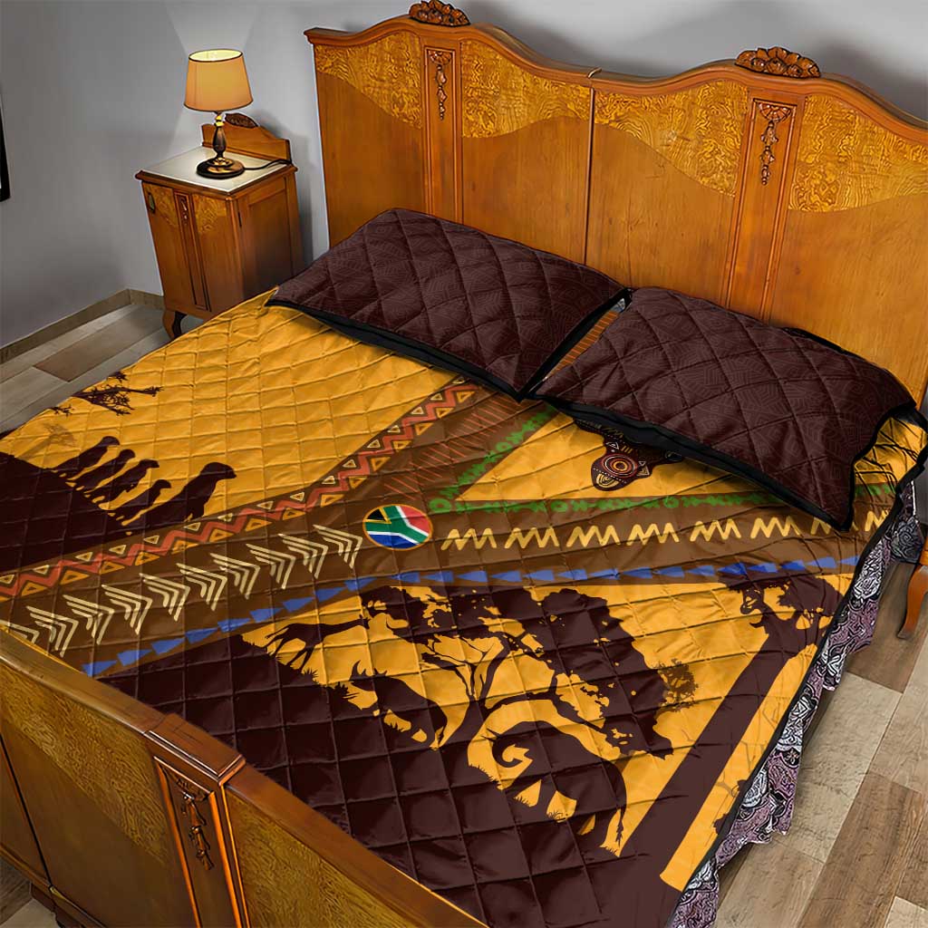 South Africa Flag Quilt Bed Set Tribal Africa Heritage - Wildlife Silhouettes in Earthy