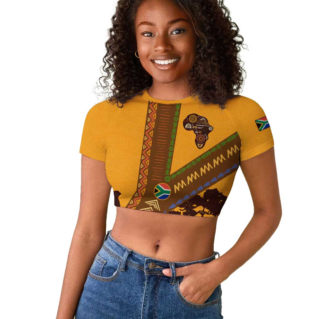 South Africa Flag Raglan Cropped T shirt Tribal Africa Heritage - Wildlife Silhouettes in Earthy