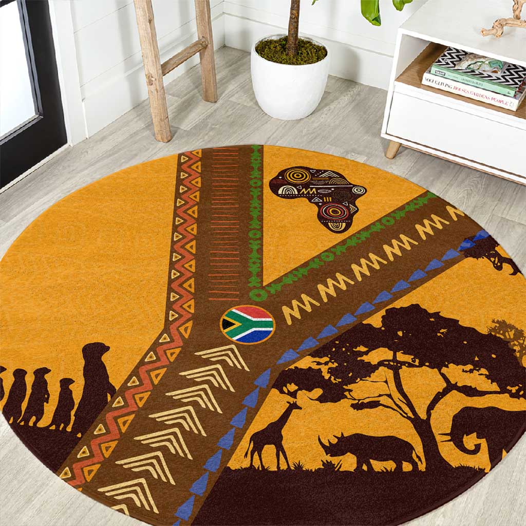 South Africa Flag Round Carpet Tribal Africa Heritage - Wildlife Silhouettes in Earthy