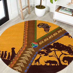 South Africa Flag Round Carpet Tribal Africa Heritage - Wildlife Silhouettes in Earthy