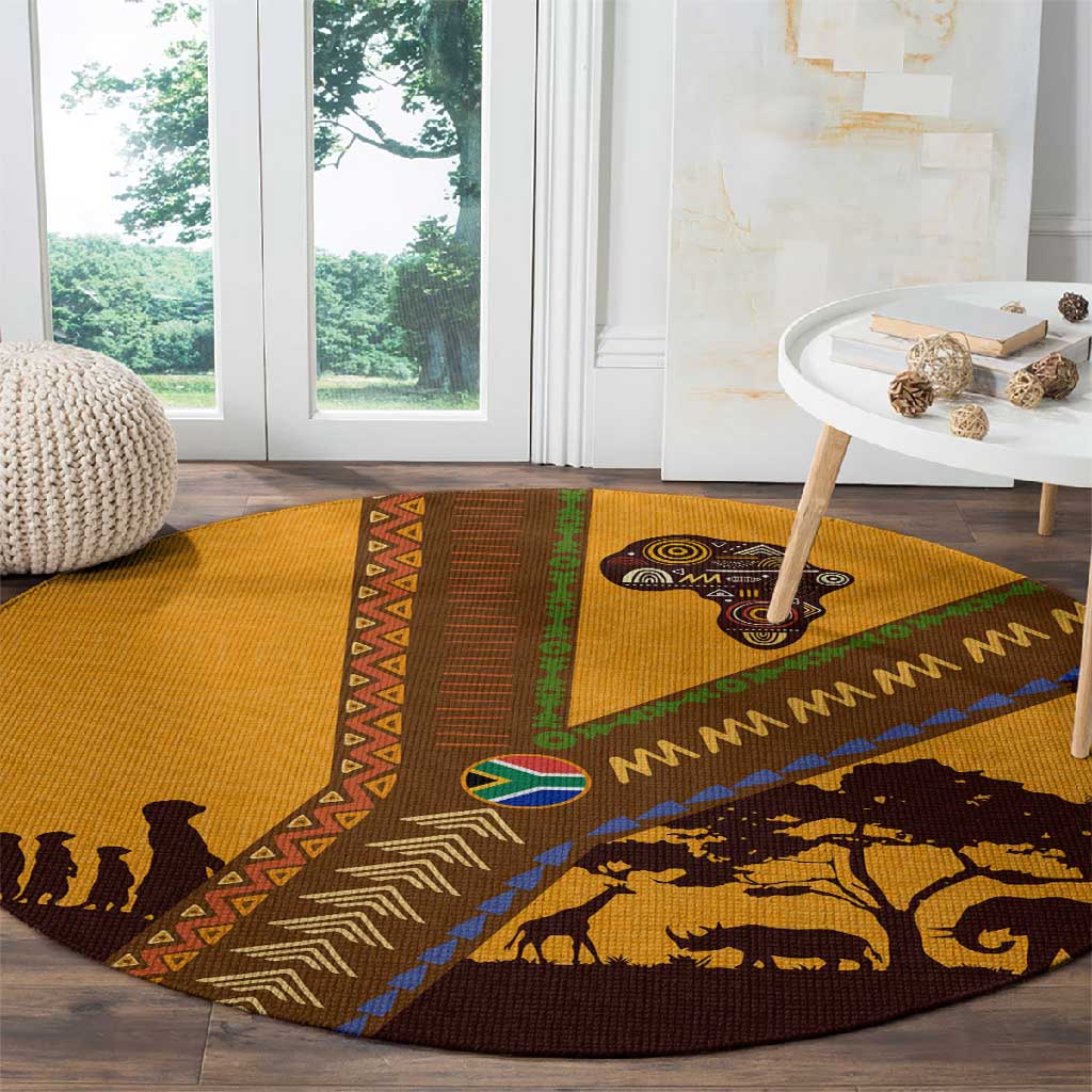 South Africa Flag Round Carpet Tribal Africa Heritage - Wildlife Silhouettes in Earthy
