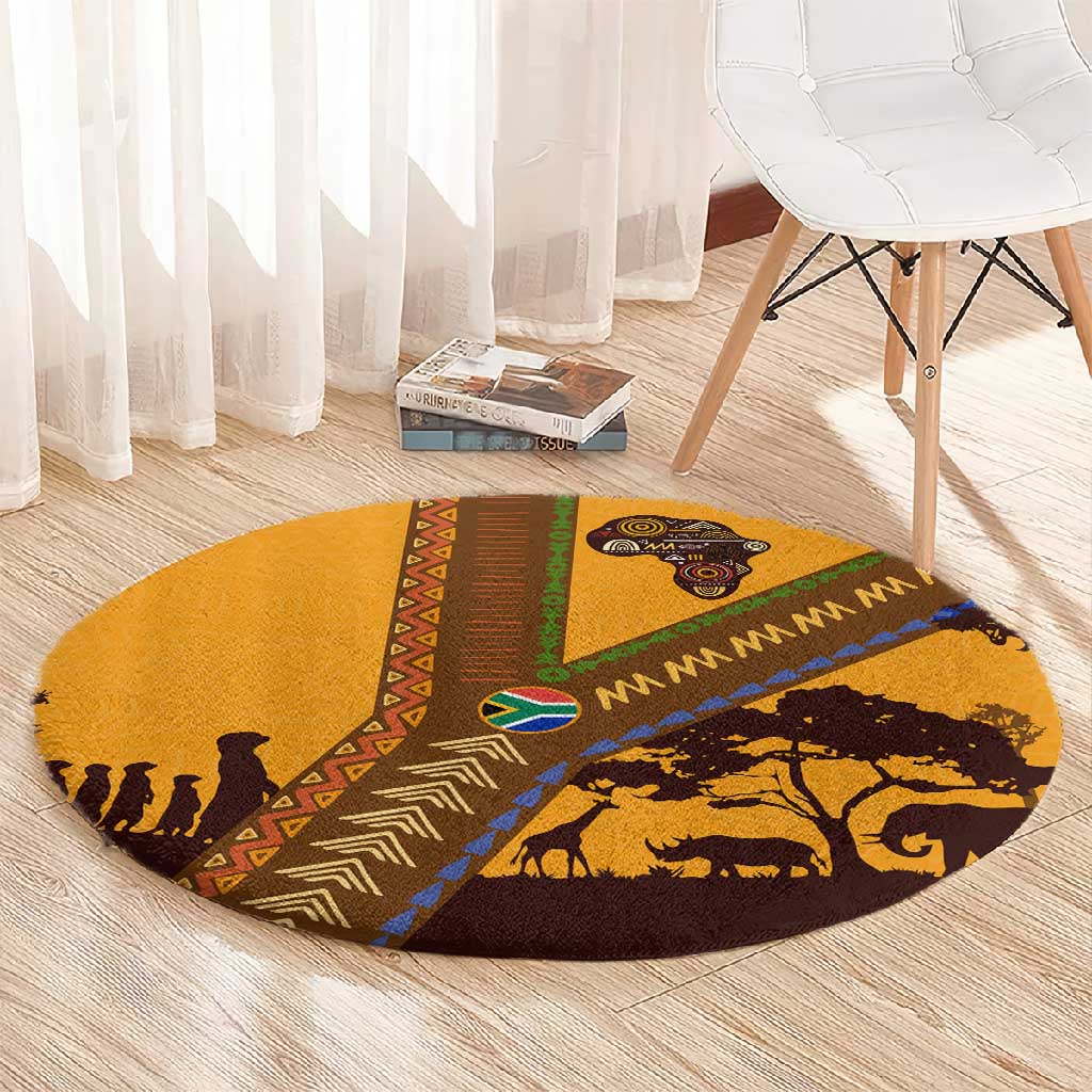 South Africa Flag Round Carpet Tribal Africa Heritage - Wildlife Silhouettes in Earthy
