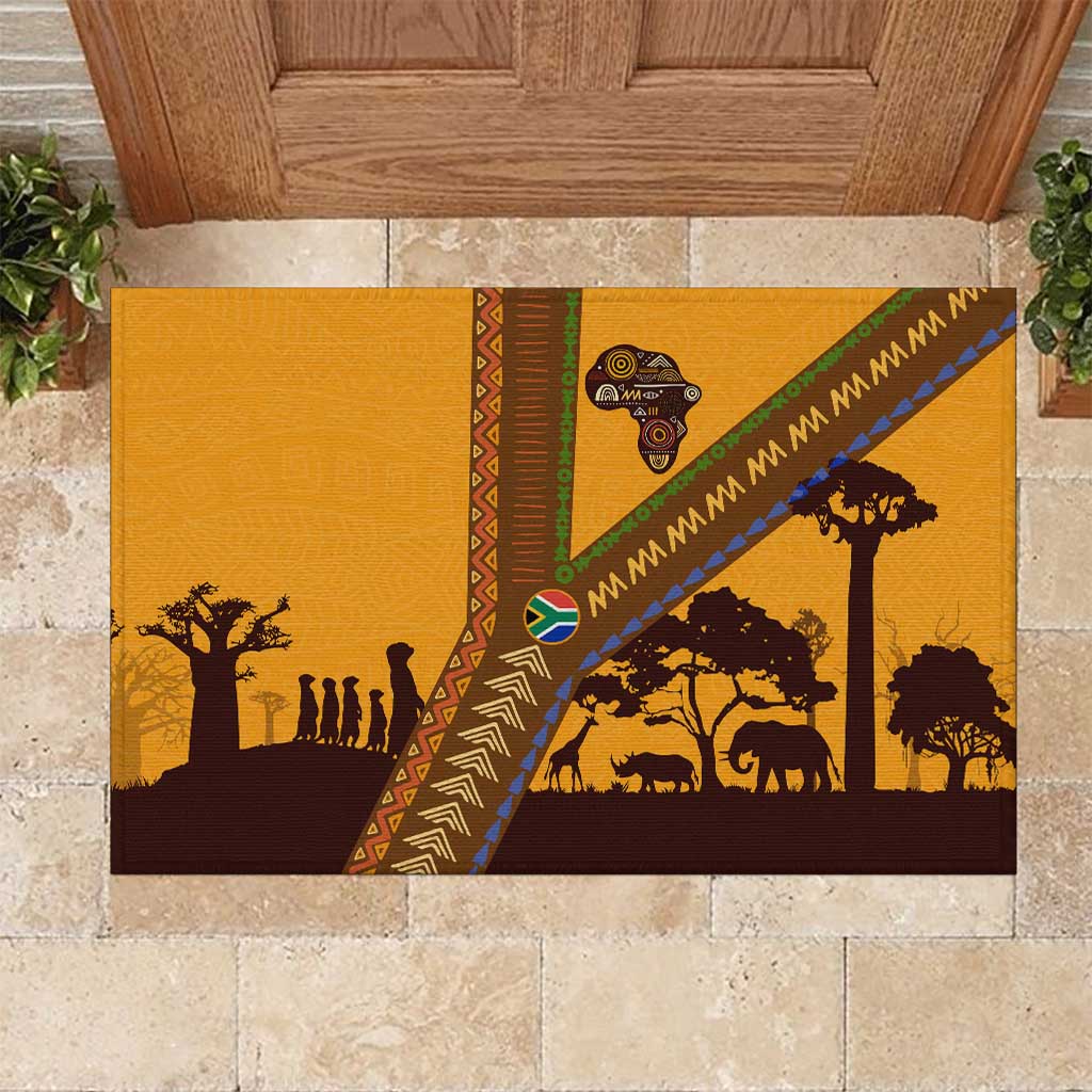 South Africa Flag Rubber Doormat Tribal Africa Heritage - Wildlife Silhouettes in Earthy