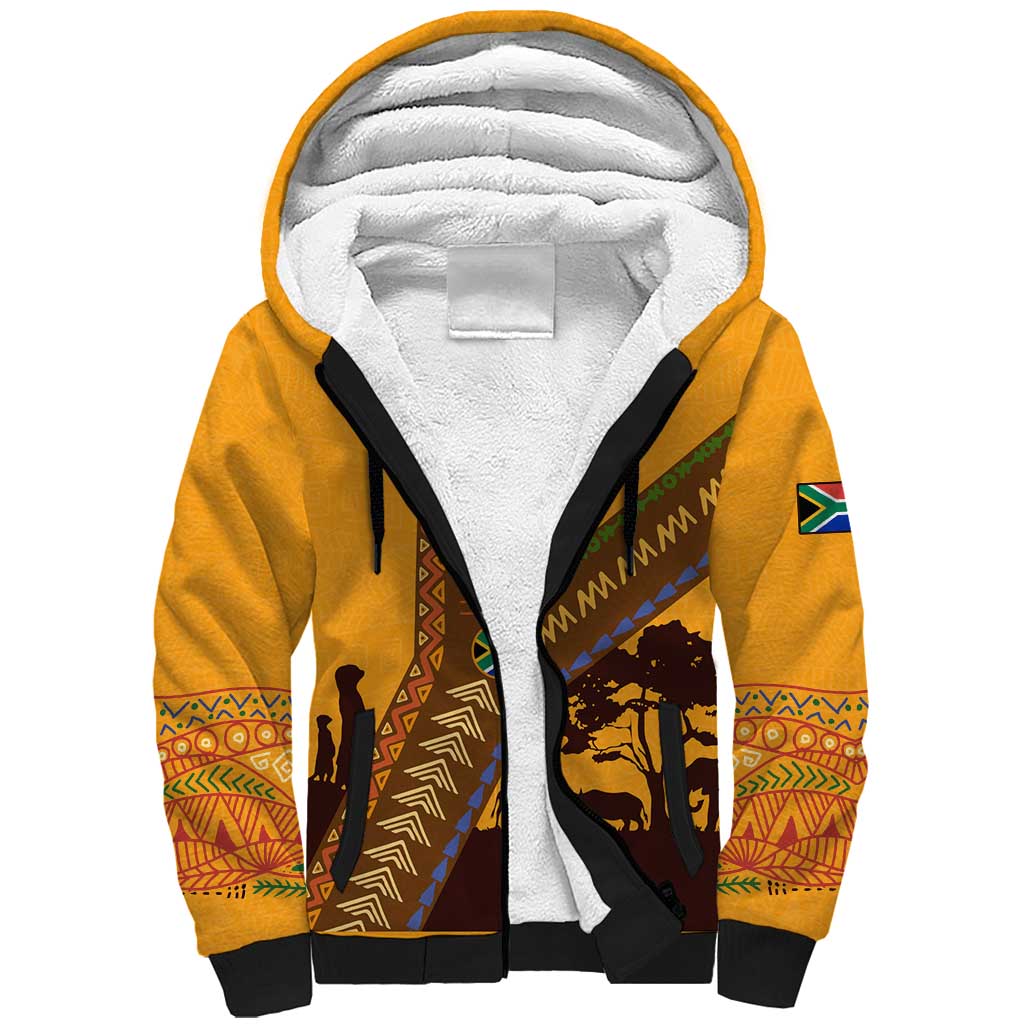 South Africa Flag Sherpa Hoodie Tribal Africa Heritage - Wildlife Silhouettes in Earthy