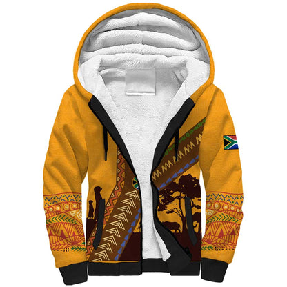 South Africa Flag Sherpa Hoodie Tribal Africa Heritage - Wildlife Silhouettes in Earthy