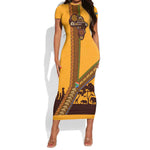 South Africa Flag Short Sleeve Bodycon Dress Tribal Africa Heritage - Wildlife Silhouettes in Earthy TS04