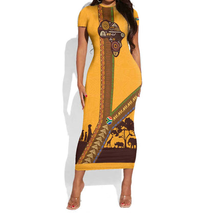 South Africa Flag Short Sleeve Bodycon Dress Tribal Africa Heritage - Wildlife Silhouettes in Earthy TS04
