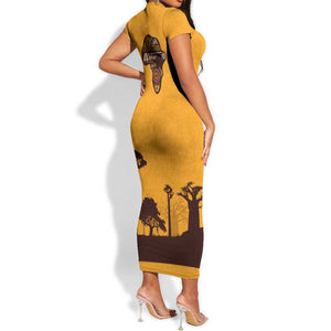 South Africa Flag Short Sleeve Bodycon Dress Tribal Africa Heritage - Wildlife Silhouettes in Earthy TS04