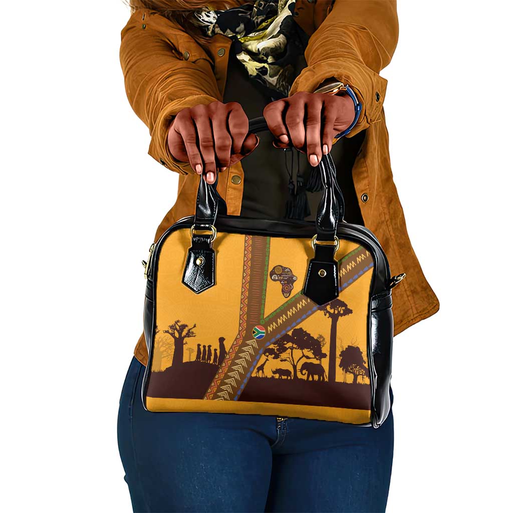 South Africa Flag Shoulder Handbag Tribal Africa Heritage - Wildlife Silhouettes in Earthy