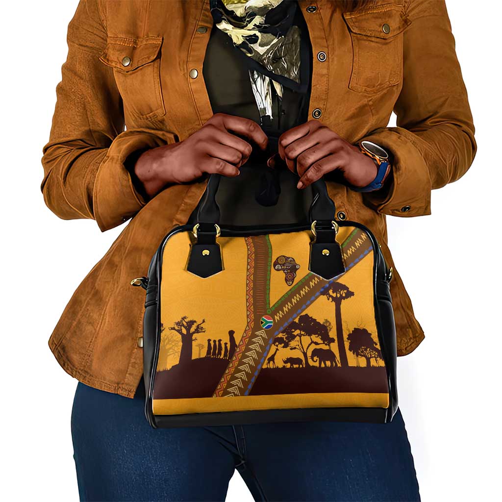 South Africa Flag Shoulder Handbag Tribal Africa Heritage - Wildlife Silhouettes in Earthy