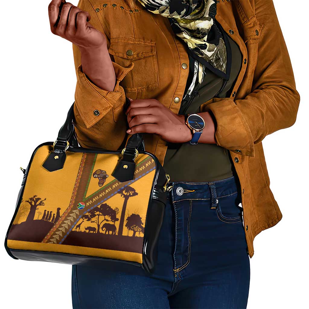 South Africa Flag Shoulder Handbag Tribal Africa Heritage - Wildlife Silhouettes in Earthy