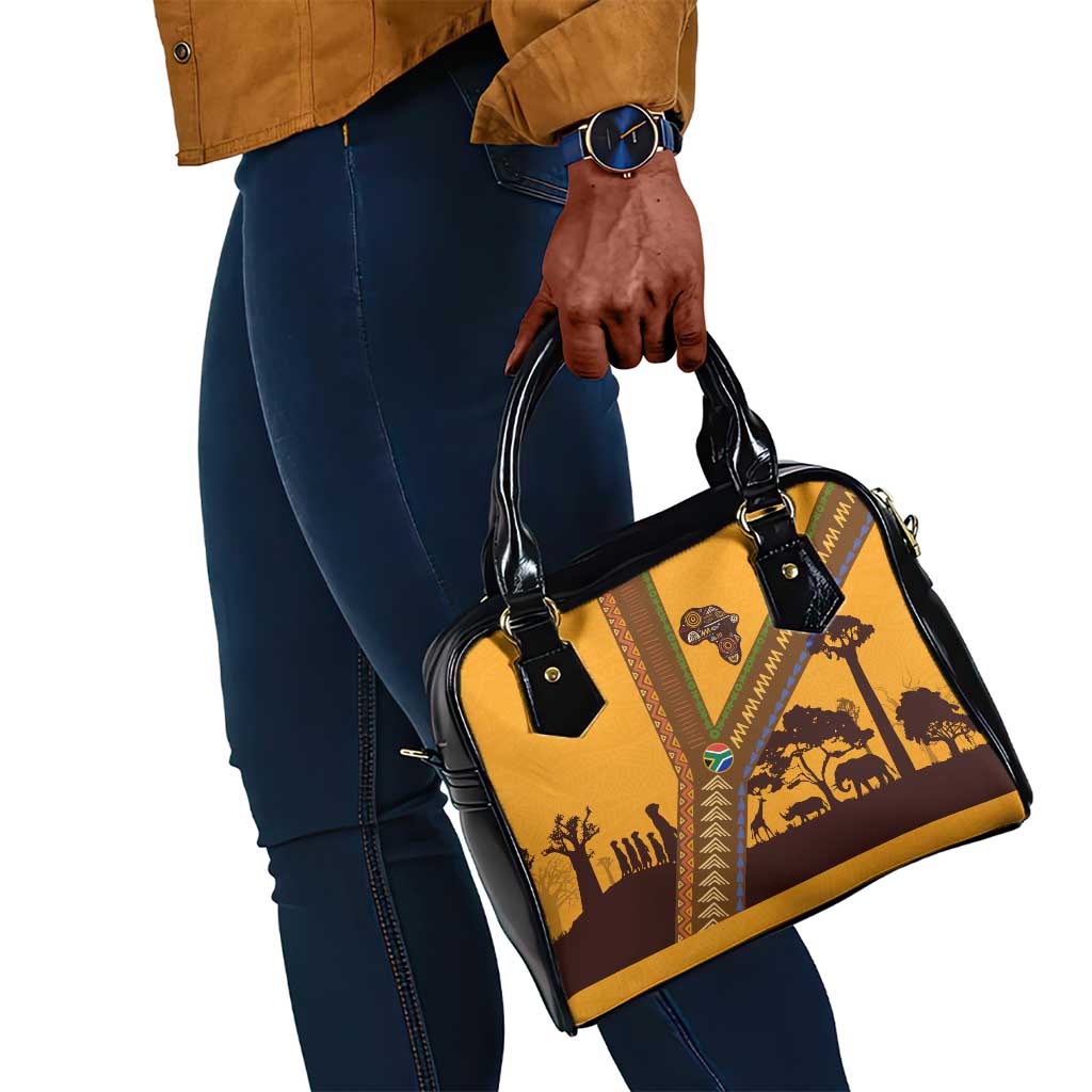 South Africa Flag Shoulder Handbag Tribal Africa Heritage - Wildlife Silhouettes in Earthy