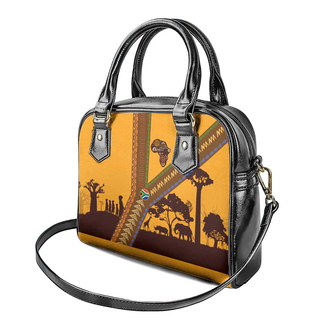 South Africa Flag Shoulder Handbag Tribal Africa Heritage - Wildlife Silhouettes in Earthy