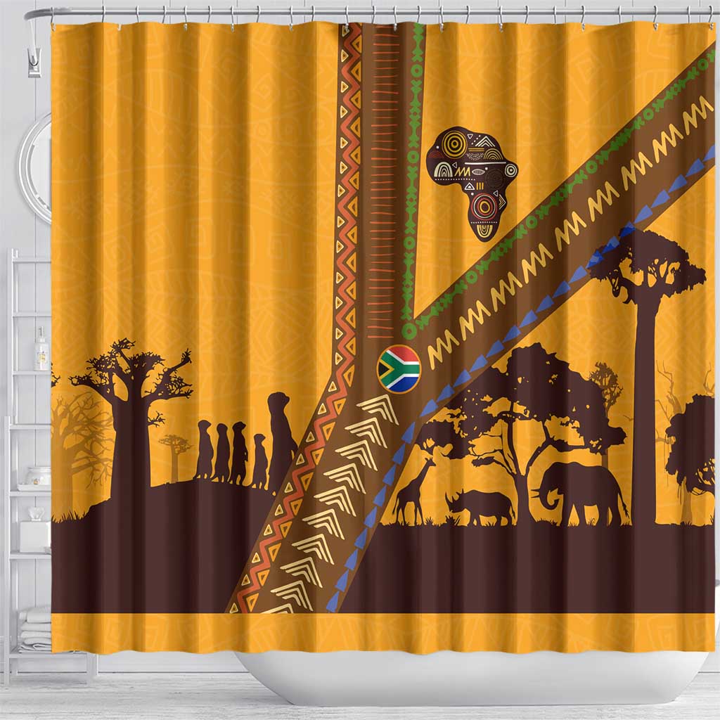 South Africa Flag Shower Curtain Tribal Africa Heritage - Wildlife Silhouettes in Earthy