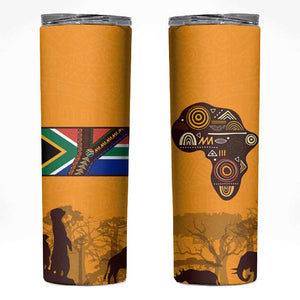 South Africa Flag Skinny Tumbler Tribal Africa Heritage - Wildlife Silhouettes in Earthy