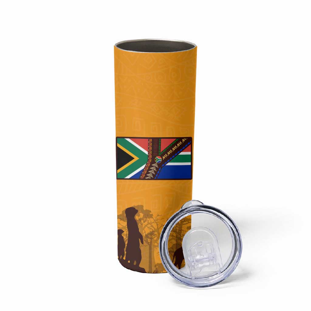 South Africa Flag Skinny Tumbler Tribal Africa Heritage - Wildlife Silhouettes in Earthy