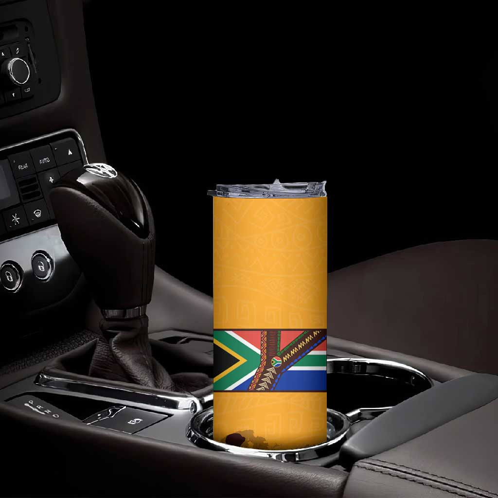South Africa Flag Skinny Tumbler Tribal Africa Heritage - Wildlife Silhouettes in Earthy