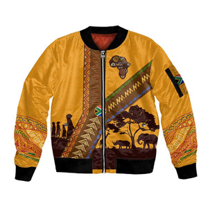 South Africa Flag Sleeve Zip Bomber Jacket Tribal Africa Heritage - Wildlife Silhouettes in Earthy