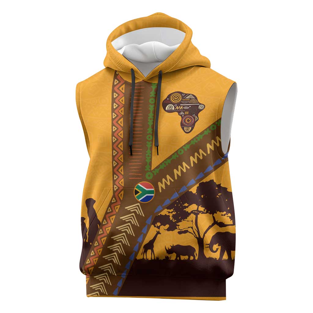 South Africa Flag Sleeveless Hoodie Tribal Africa Heritage - Wildlife Silhouettes in Earthy - African Pride