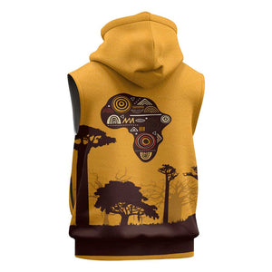 South Africa Flag Sleeveless Hoodie Tribal Africa Heritage - Wildlife Silhouettes in Earthy - African Pride