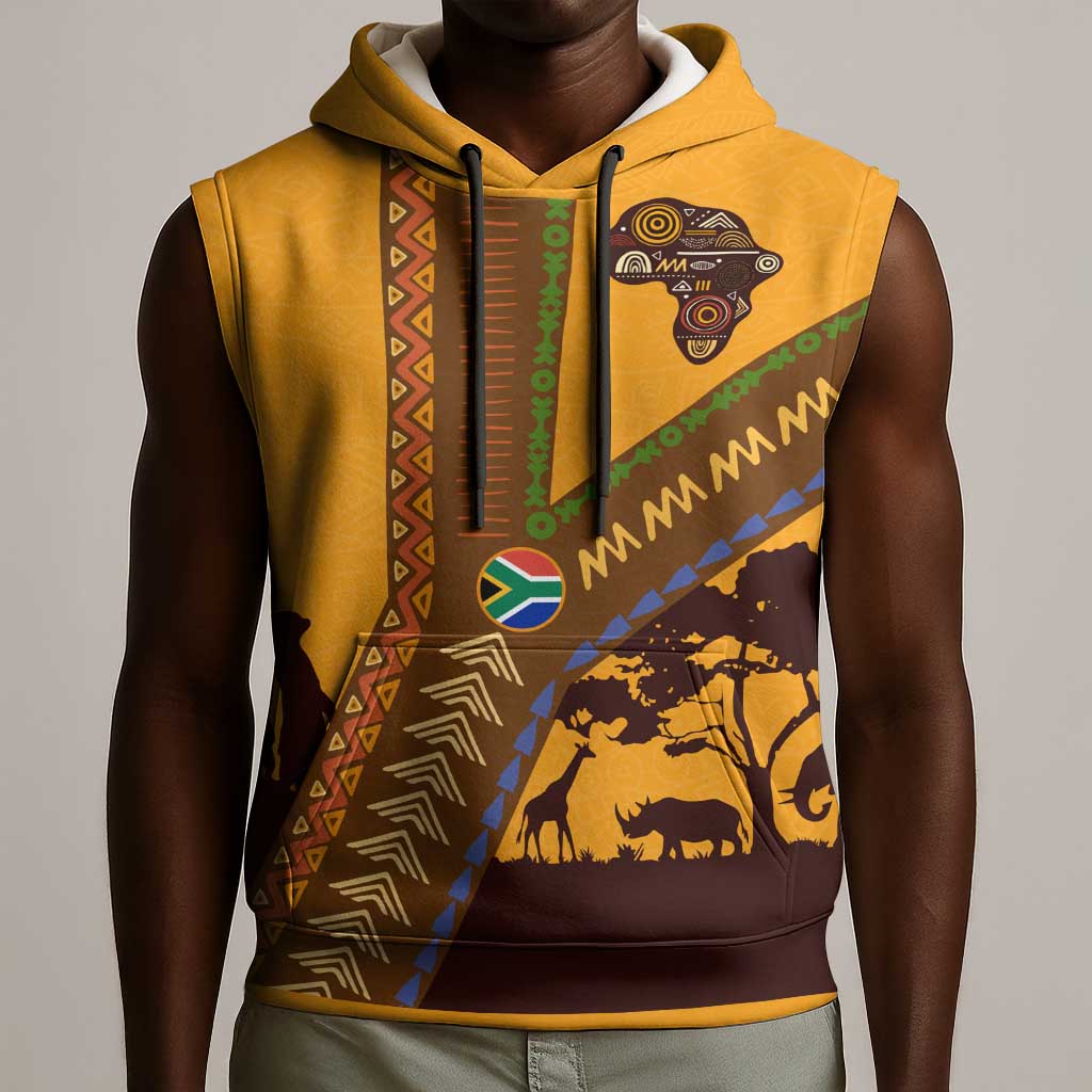 South Africa Flag Sleeveless Hoodie Tribal Africa Heritage - Wildlife Silhouettes in Earthy - African Pride