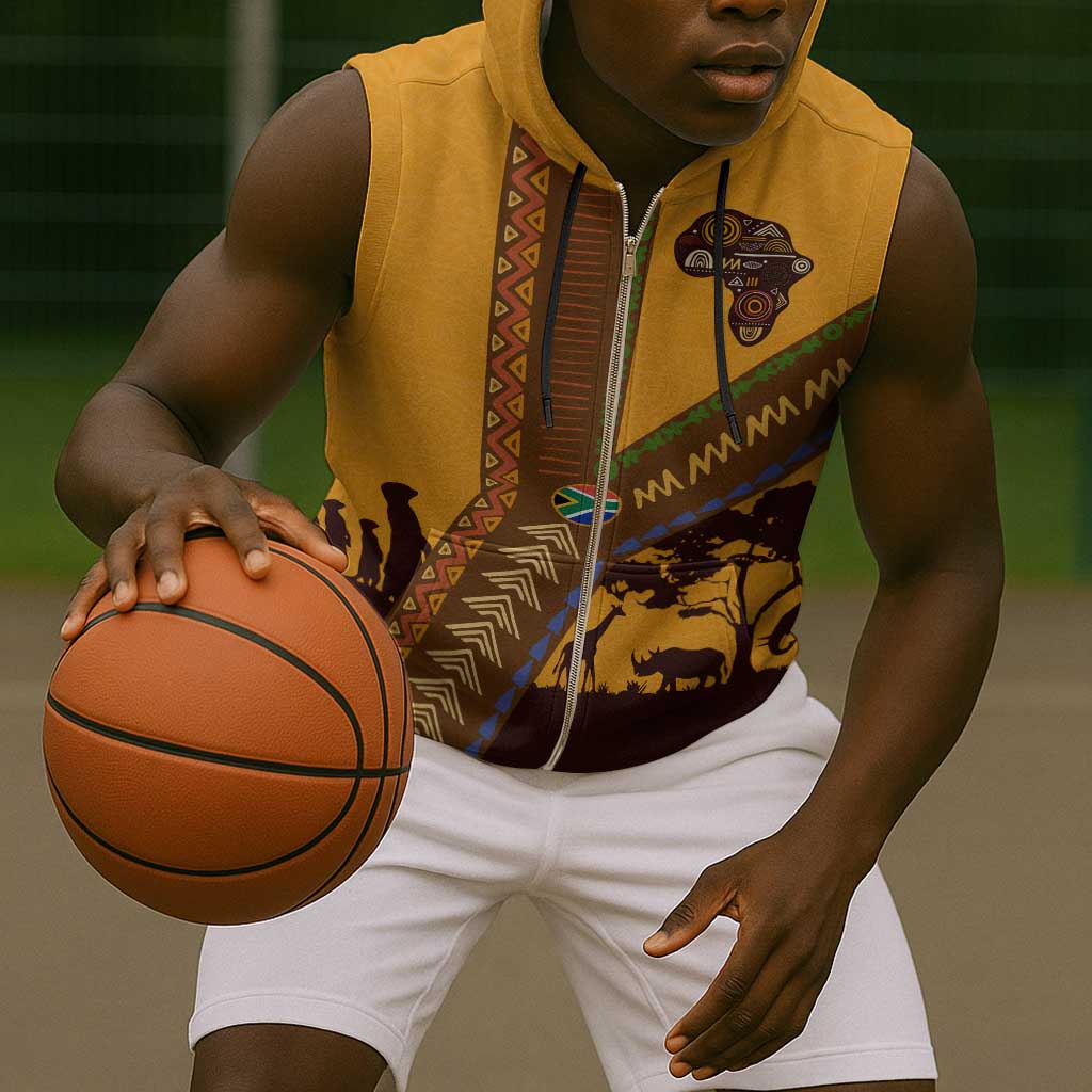 South Africa Flag Sleeveless Zip Hoodie Tribal Africa Heritage - Wildlife Silhouettes in Earthy - African Pride