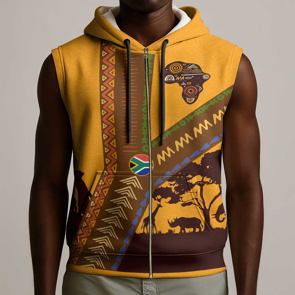 South Africa Flag Sleeveless Zip Hoodie Tribal Africa Heritage - Wildlife Silhouettes in Earthy - African Pride