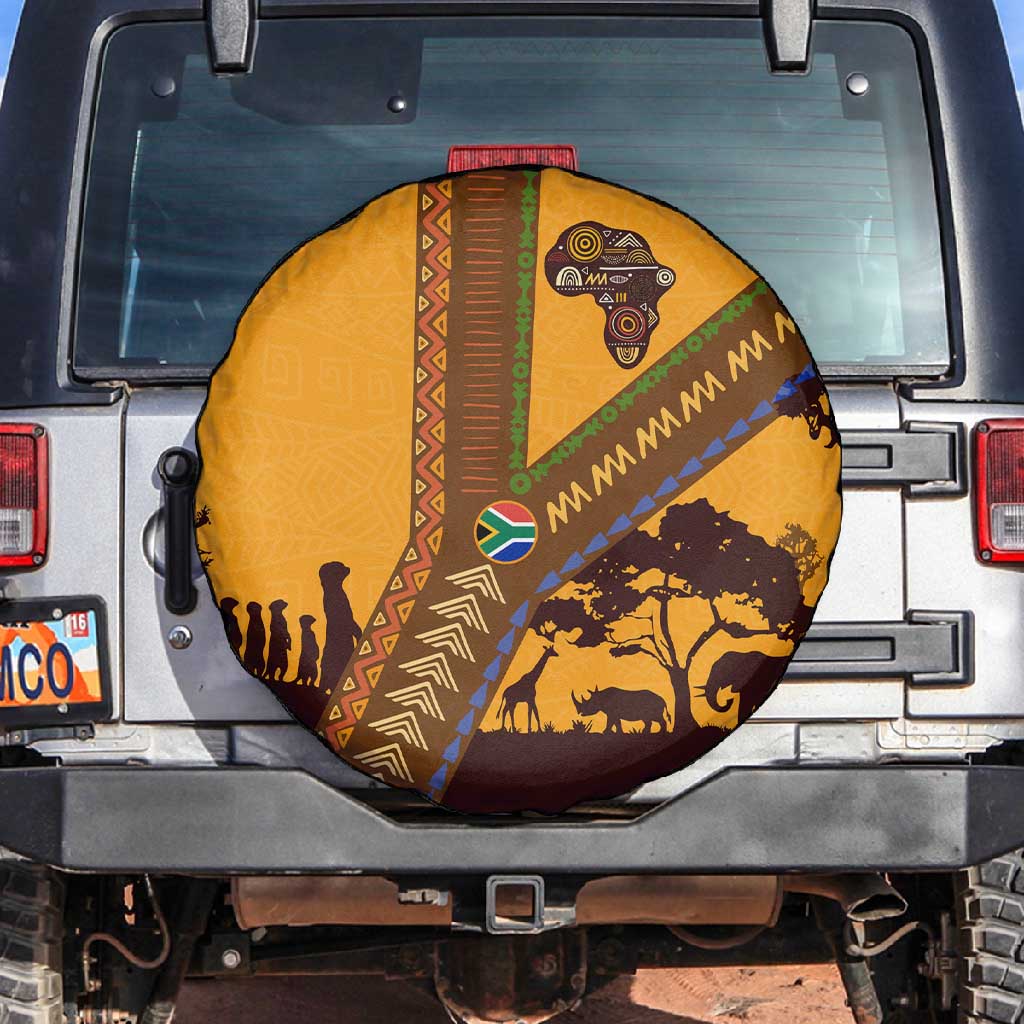 South Africa Flag Spare Tire Cover Tribal Africa Heritage - Wildlife Silhouettes in Earthy