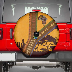 South Africa Flag Spare Tire Cover Tribal Africa Heritage - Wildlife Silhouettes in Earthy