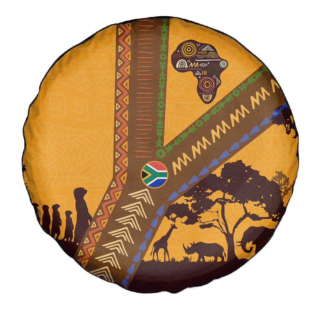 South Africa Flag Spare Tire Cover Tribal Africa Heritage - Wildlife Silhouettes in Earthy